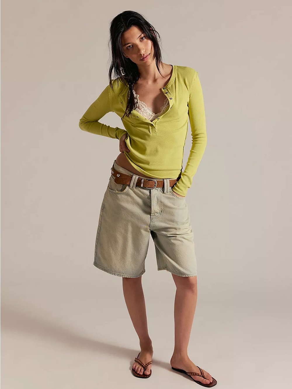 Free People Olive Ribbed Long Sleeve Henley